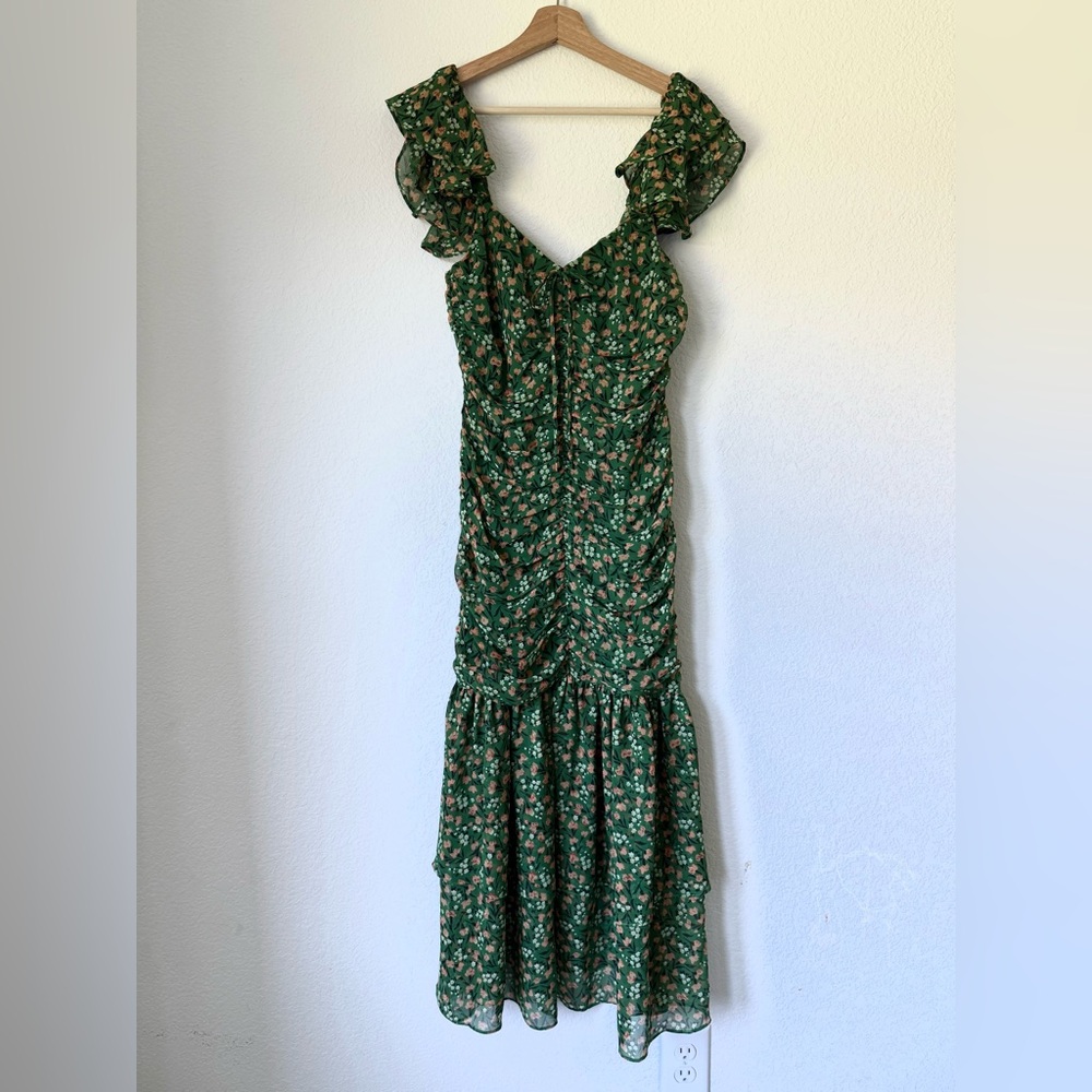Ruffled Green Ditsy Floral Midi Dress
